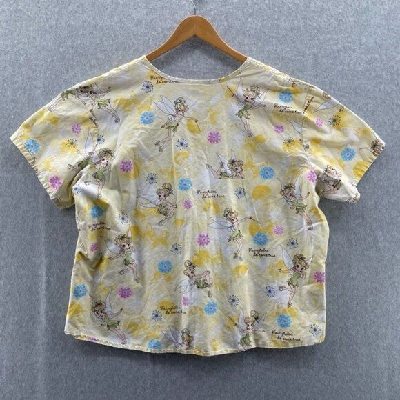 DISNEY Scrub Top Womens 2XL Yellow Cotton Tinkerbell Pockets - Picture 4 of 8